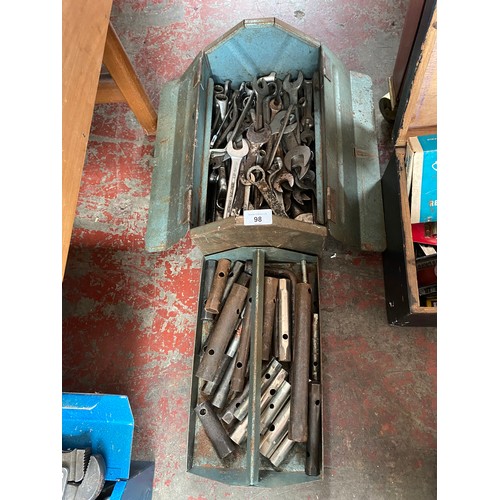 98 - Metal tool box containing a large selection of spanners and socket tools