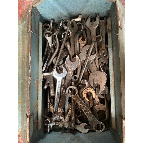 98 - Metal tool box containing a large selection of spanners and socket tools