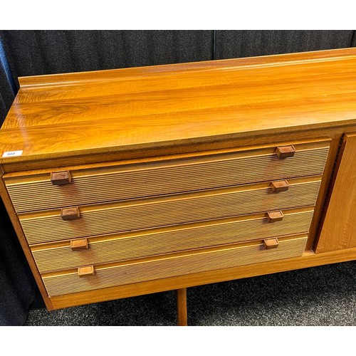 109 - Mid century sideboard with compartments and doors, raised on trestle legs [82x244x46cm]