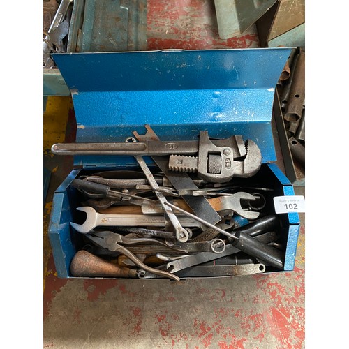 102 - Metal tool chest containing mixed quality tools; Canadian adjustable spanner, Wilkinsons Pliers and ... 