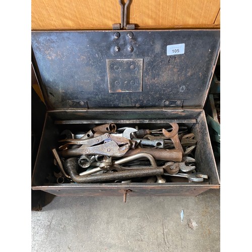 105 - Metal tool box containing mixed tools; spanners, pliers and socket tools