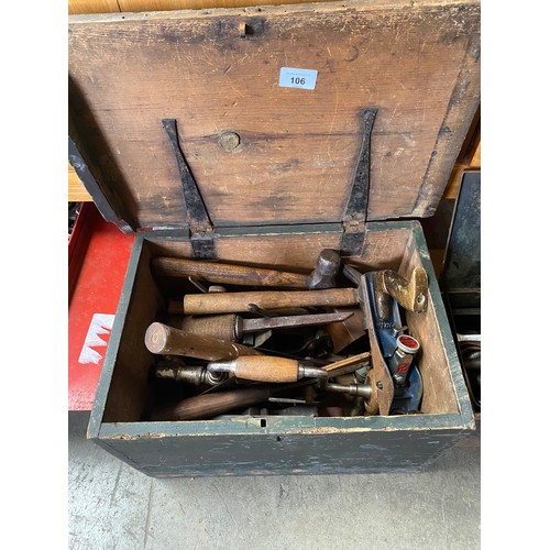 106 - Wooden Joiners box containing various mixed tools, Paramo planer, Set squares, Stanley hand crank dr... 