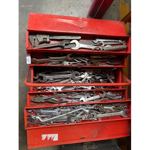 107 - Red metal cantilever tool box full of spanners and adjustable spanners; Gedore, Bedford and Gordon t... 