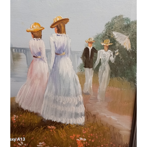 221 - An Oil on Board depicting a riverside walk, with a couple of ladies looking at a bridge in the backg... 