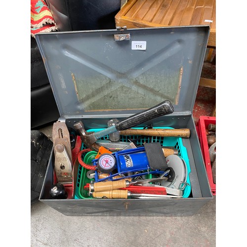 114 - Military 1956 metal tool box full of mixed tools, Rapier planer, Diamond brand chisels and various m... 