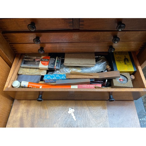 125 - Vintage Moore & Wright joiners multi drawer tool chest full of various measuring and gauge tools.