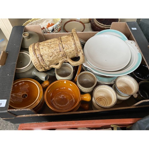 158 - Two shelves and box of collectables; Denby style soup pots with lids, studio pottery goblets, Pig te... 