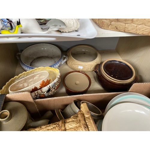 158 - Two shelves and box of collectables; Denby style soup pots with lids, studio pottery goblets, Pig te... 