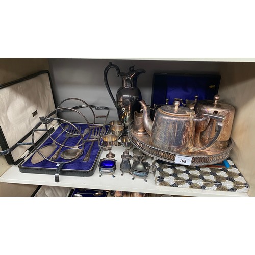 168 - Two Shelves and box of mixed silver plated and E.P wares; Boxed cutlery, tea service and various loo... 