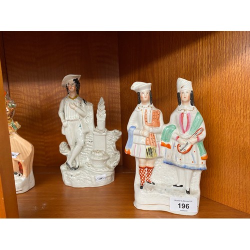 196 - Two shelves of collectable porcelain, Four Staffordshire figurines, Sweet & Twenty Royal Doulton Fig... 