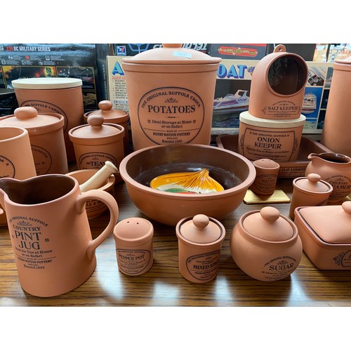 257 - Large collection of The Original Suffolk Terracotta storage pots and preserves.