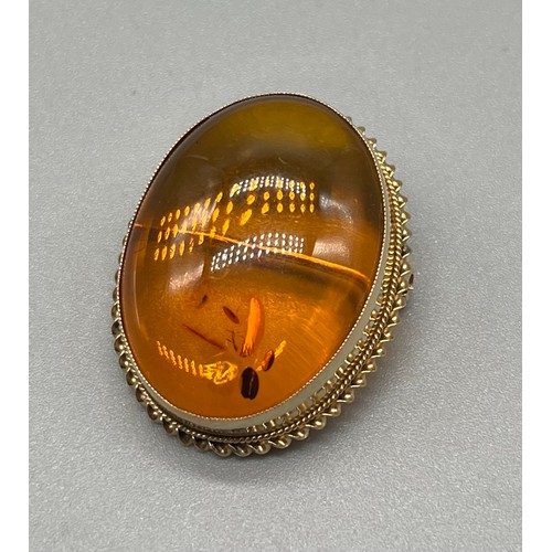 705 - Birmingham 9ct yellow gold and amber brooch. Catch and pin work well. [3x2.5cm] [6.93grams]