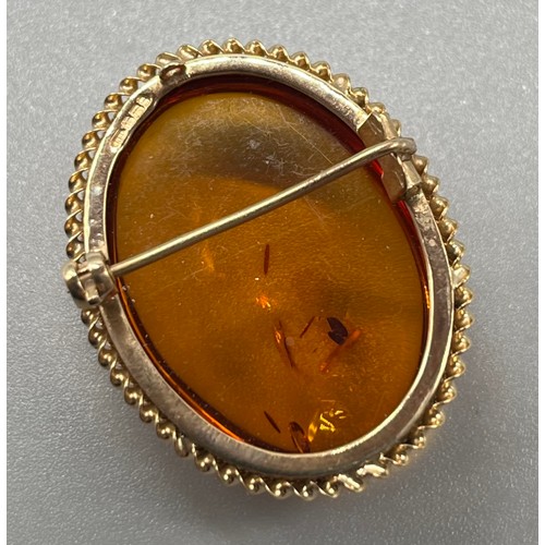 705 - Birmingham 9ct yellow gold and amber brooch. Catch and pin work well. [3x2.5cm] [6.93grams]