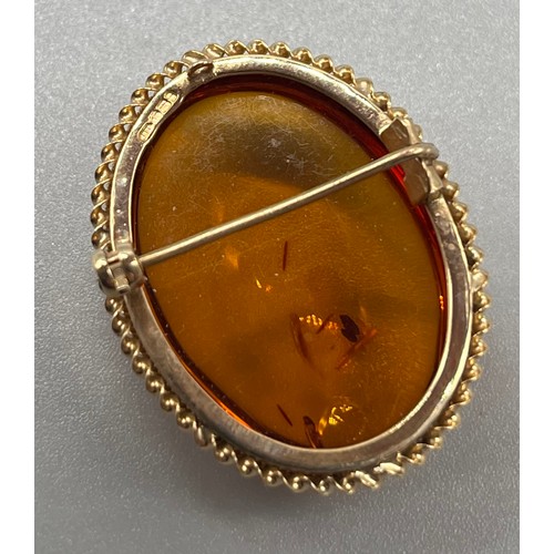 705 - Birmingham 9ct yellow gold and amber brooch. Catch and pin work well. [3x2.5cm] [6.93grams]