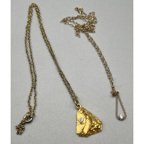 9 - 9ct yellow gold necklace with a gold and gem stone pendant together with a costume necklace and pend... 