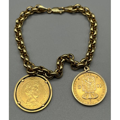 722 - 14ct yellow gold belcher bracelet together with two Netherland gold coins; 1897 & 1917 Ten Gulden go... 