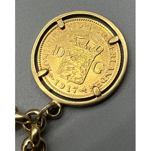 722 - 14ct yellow gold belcher bracelet together with two Netherland gold coins; 1897 & 1917 Ten Gulden go... 