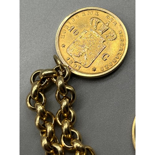 722 - 14ct yellow gold belcher bracelet together with two Netherland gold coins; 1897 & 1917 Ten Gulden go... 