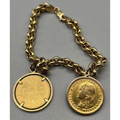 722 - 14ct yellow gold belcher bracelet together with two Netherland gold coins; 1897 & 1917 Ten Gulden go... 