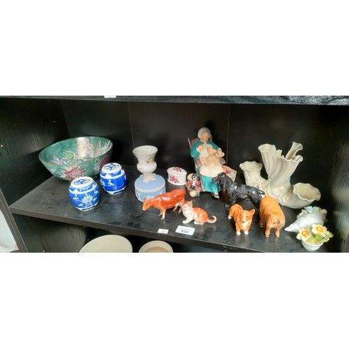 434 - A Shelf of collectables; Royal Doulton Cat Figure HN2584, Beswick bull calf, Royal Doulton Figure Na... 