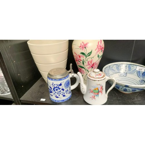 435 - Shelf of porcelain; Two VA Portugal plant pots, S B Drymen studio pottery bowl, German blue and whit... 