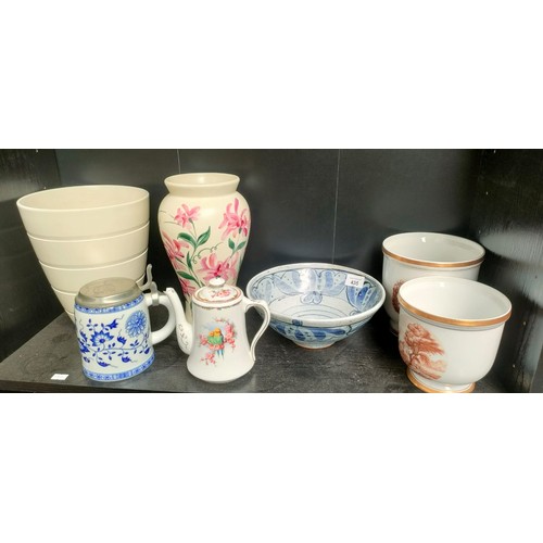 435 - Shelf of porcelain; Two VA Portugal plant pots, S B Drymen studio pottery bowl, German blue and whit... 