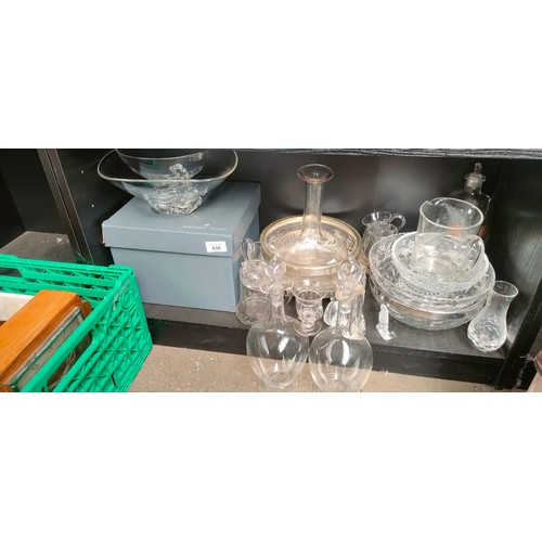 436 - A Shelf of glass and crystal; Steuben glass bowl with box, Two Edwardian decanters with stoppers.