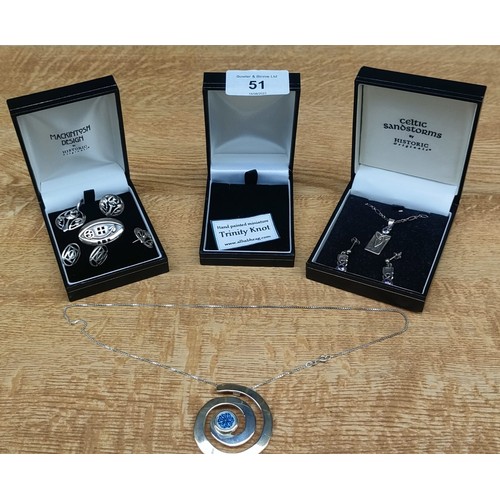 51 - A Selection of silver jewellery; Mackintosh design brooch, pendant, earrings and Celtic Sandstorm pe... 