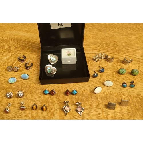 50 - A Collection of silver and gem stone earrings; includes opal panel earrings and Lapis Lazuli stone e... 