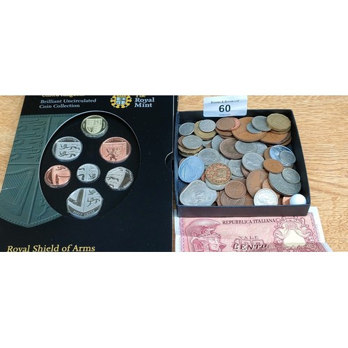 60 - A Box of mixed world coins. Includes 1937 silver three pence and the Royal Mint United Kingdom Brill... 