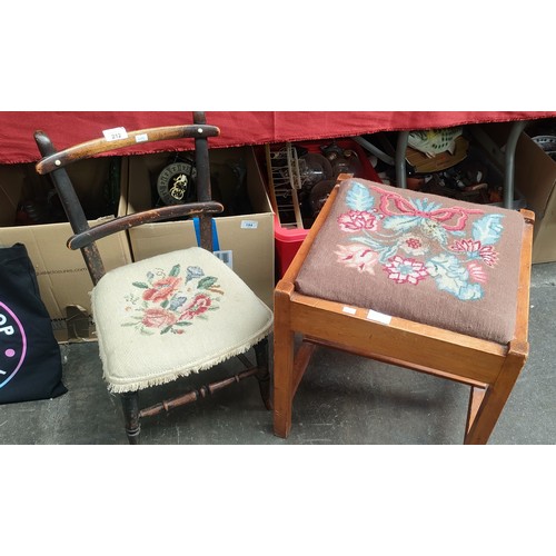 212 - Antique Child's chair along with tapestry stool