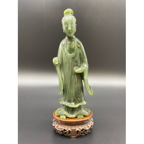 236 - Antique Chinese hand carved jade sculpture of a scholar sat upon a carved hardwood stand, together w... 