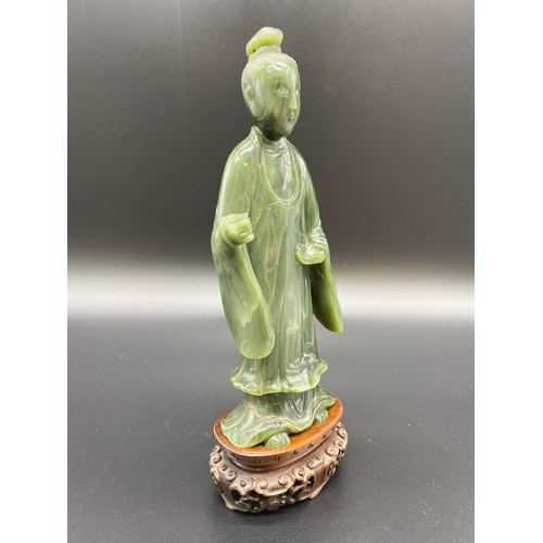 236 - Antique Chinese hand carved jade sculpture of a scholar sat upon a carved hardwood stand, together w... 