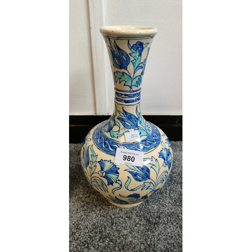 239 - Antique Arabic blue and white painted bottle neck vase and Belleek Shamrock design vase.