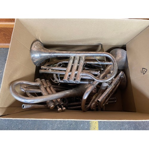 35 - Box of various Trumpets and parts; Boosey & Hawkes trumpet and Skylark trombone.