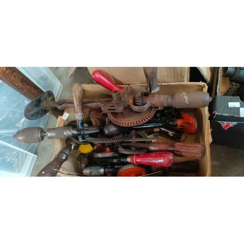 82 - Three boxes of mixed tools; Burners, Hand crank brace drills and Wolf electrical tools.