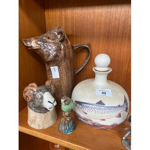 49 - Contemporary animal shaped jugs and decanter; also includes bird perched figurine.