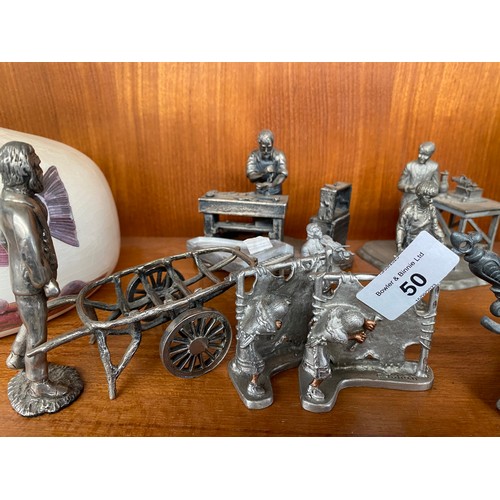 50 - Selection of Pewter and silver plated figurines; Rabbie Burns figurine, pair of stag handles, and va... 