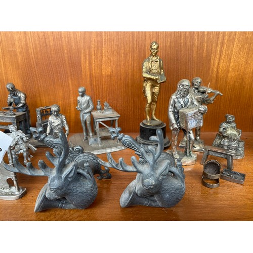 50 - Selection of Pewter and silver plated figurines; Rabbie Burns figurine, pair of stag handles, and va... 