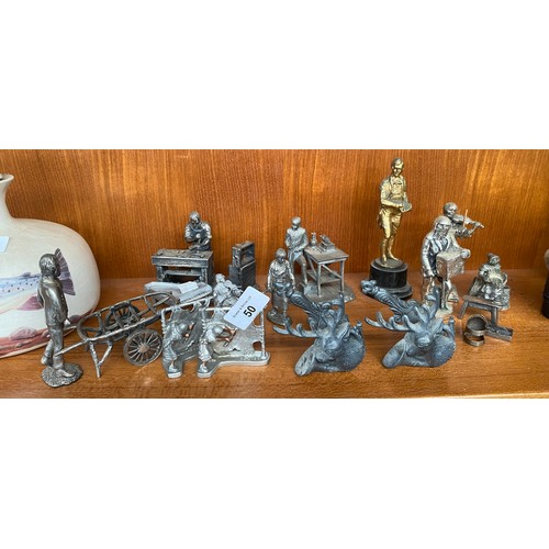 50 - Selection of Pewter and silver plated figurines; Rabbie Burns figurine, pair of stag handles, and va... 