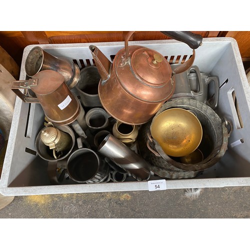 54 - Crate of copper, brass and pewter items; Two jelly pans, Copper tea pot, antique pewter measures and... 