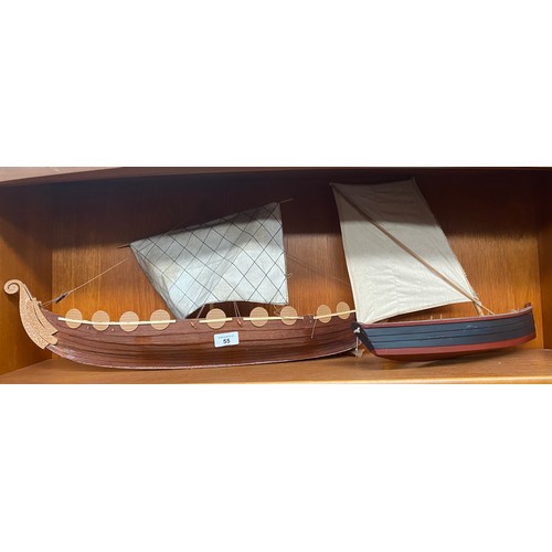 55 - Two boat models; Viking long boat and sailing boat