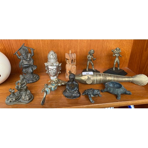 57 - Selection of antique and vintage bronze and brass deity figures and animals; Two African bronze figu... 