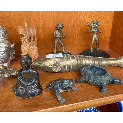 57 - Selection of antique and vintage bronze and brass deity figures and animals; Two African bronze figu... 