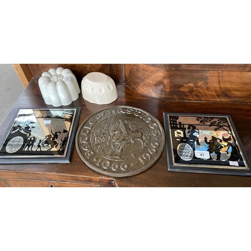 67 - Various plaques and jelly moulds; Shakespeare Mirror wall plaques, Battle of Hastings plaque and two... 