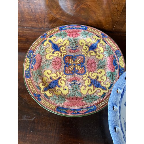 68 - Selection of collectable plates; Two Royal Doulton ornate plates, Iron stone blue and white bowl, Ma... 