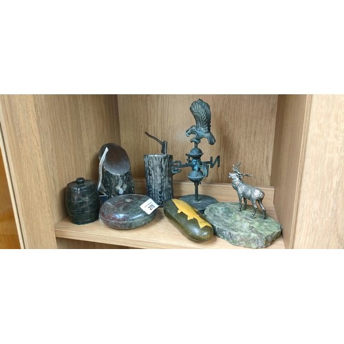 275 - Shelf of collectables to include weathervane, stone with salmon print, marble tray with metal stag f... 