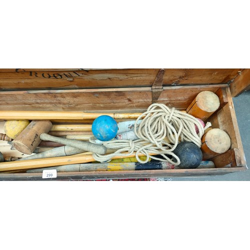 299 - Antique Harrod's Tournament Croquet set within wooden crate.