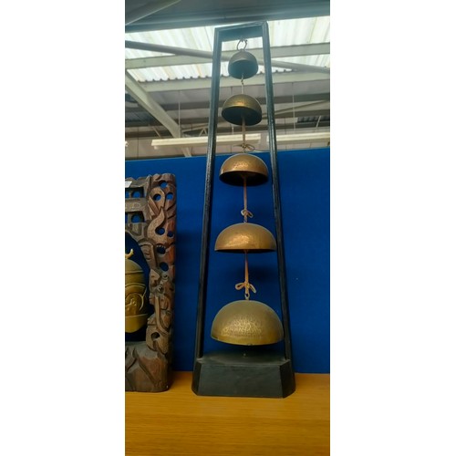 124 - Chinese Wood and brass temple bell together with two chime bells.