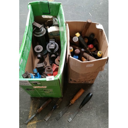 109 - Two boxes of mixed tools; Various vintage car jacks and chisels.